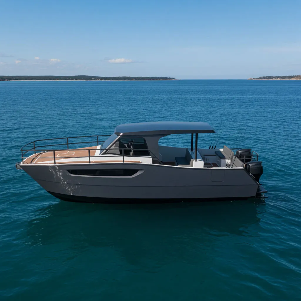 Modern gray motorboat with an open deck and fishing rods floating on calm blue sea near a distant coastline.
