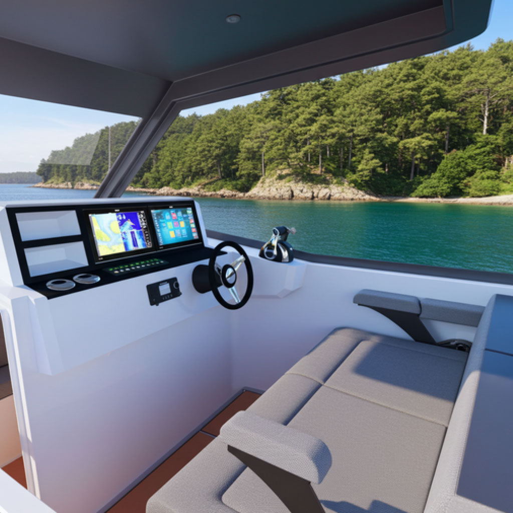 Modern boat cockpit with steering wheel, digital navigation screens, and gray cushioned bench seat overlooking a calm water body and forested shoreline.