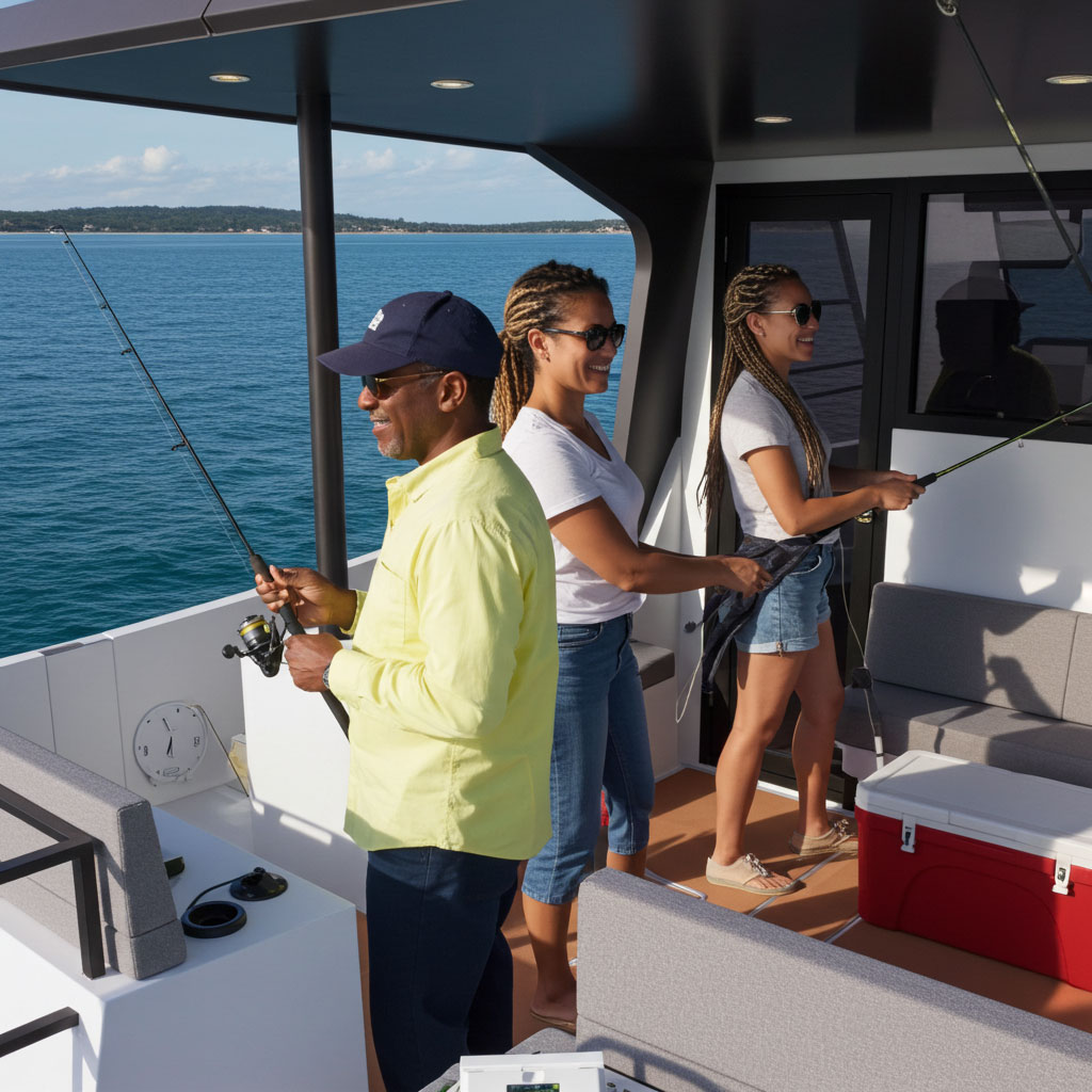 Two women and a man fishing on a boat with calm blue water and a distant shoreline in the background.