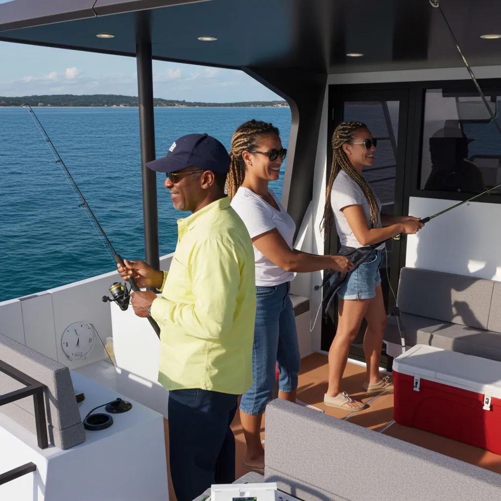 Two women and a man fishing on a boat with calm blue water and a distant shoreline in the background.