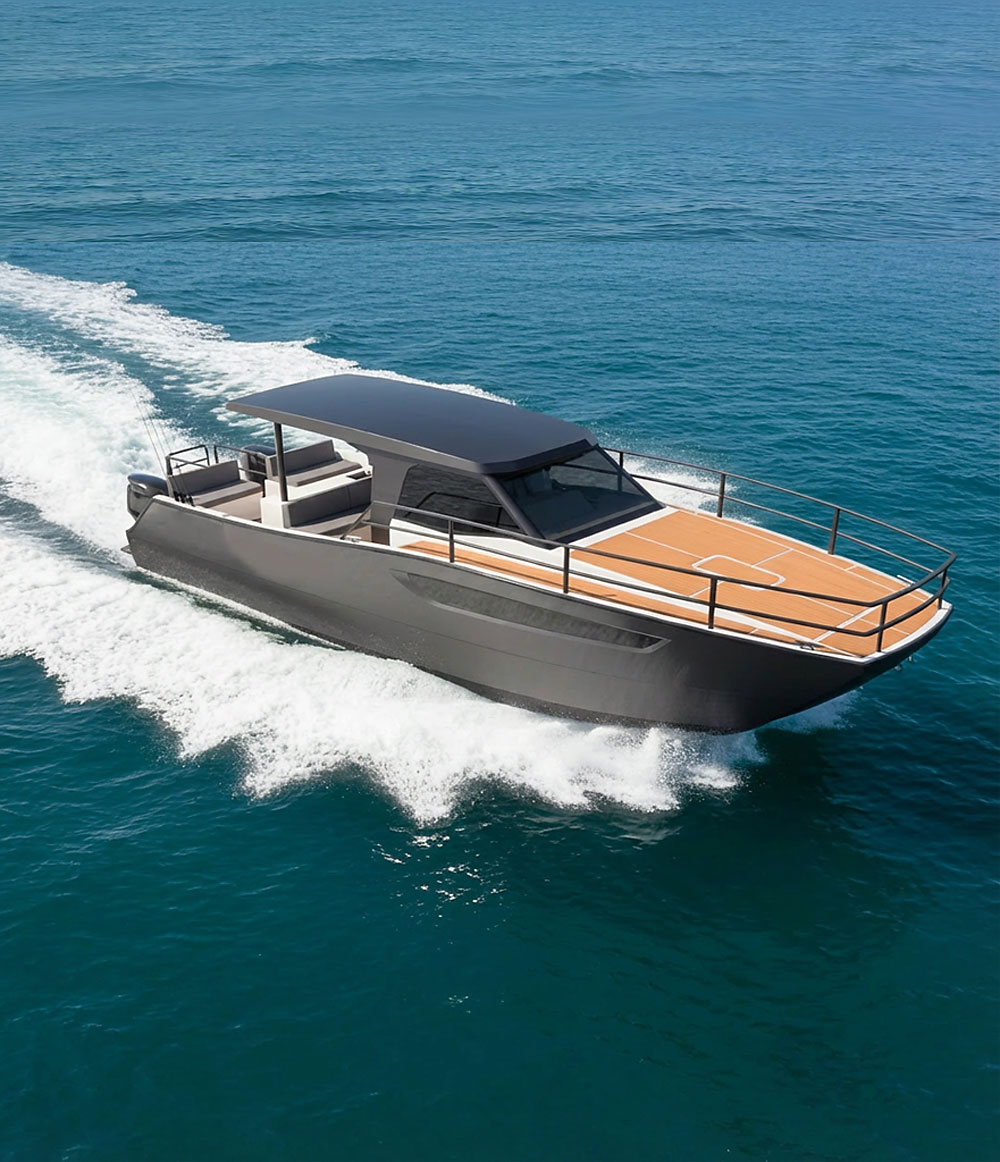 Modern grey motorboat with wooden deck cruising on calm blue ocean water.