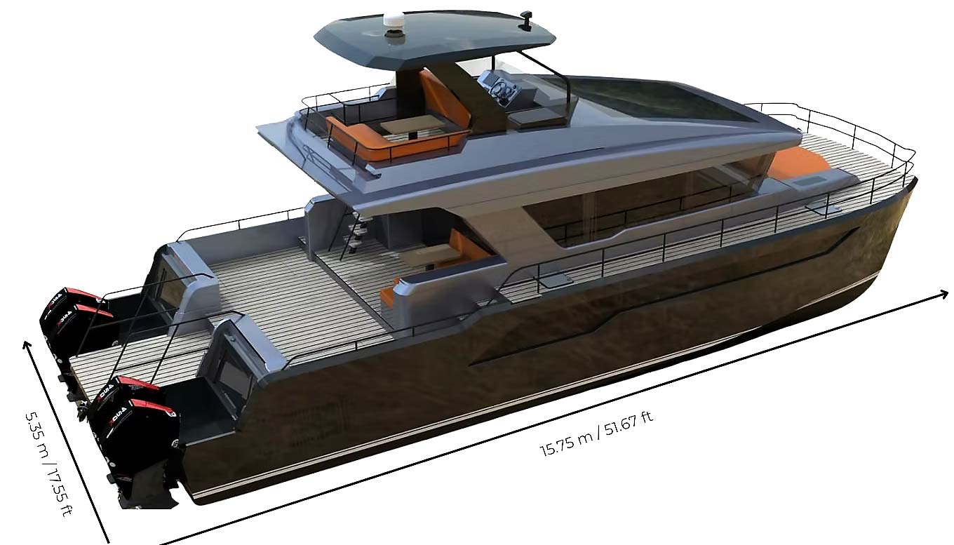 Modern motor yacht with dual outboard engines and an upper deck lounge, measuring 15.75 meters by 5.35 meters.
