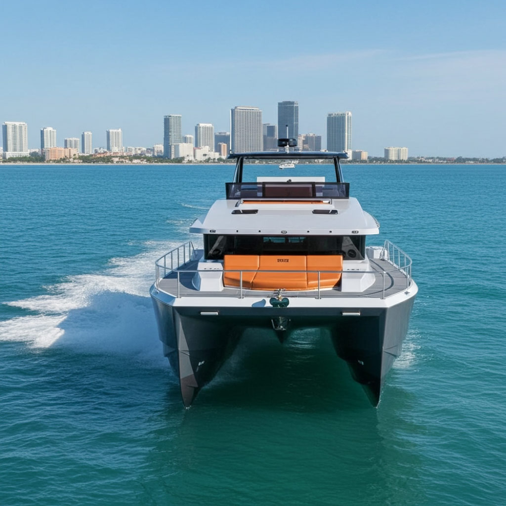 Front view of a modern catamaran yacht cruising on blue water with a city skyline in the background.