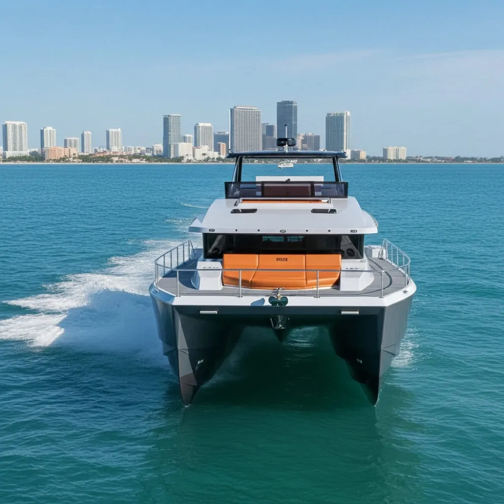Front view of a modern catamaran yacht cruising on blue water with a city skyline in the background.