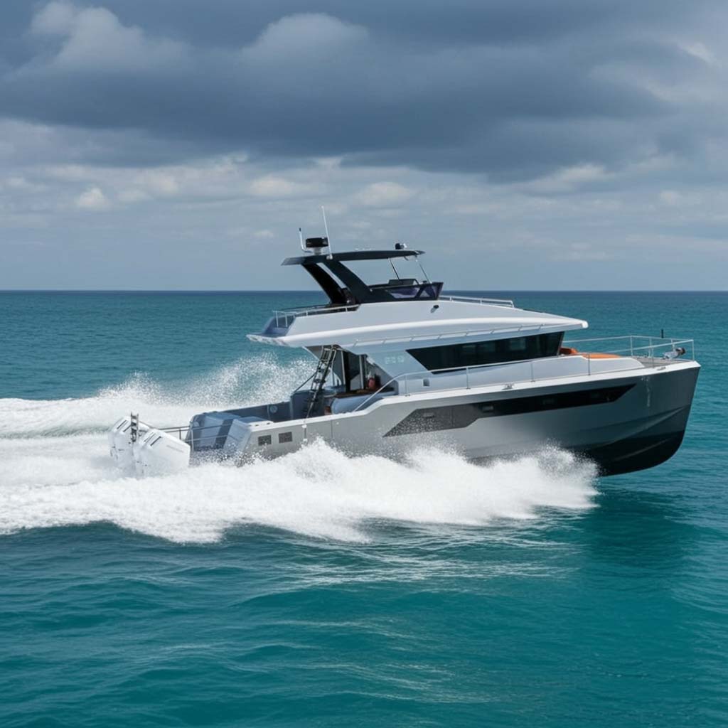 Modern motor yacht cruising on clear blue ocean under a cloudy sky.