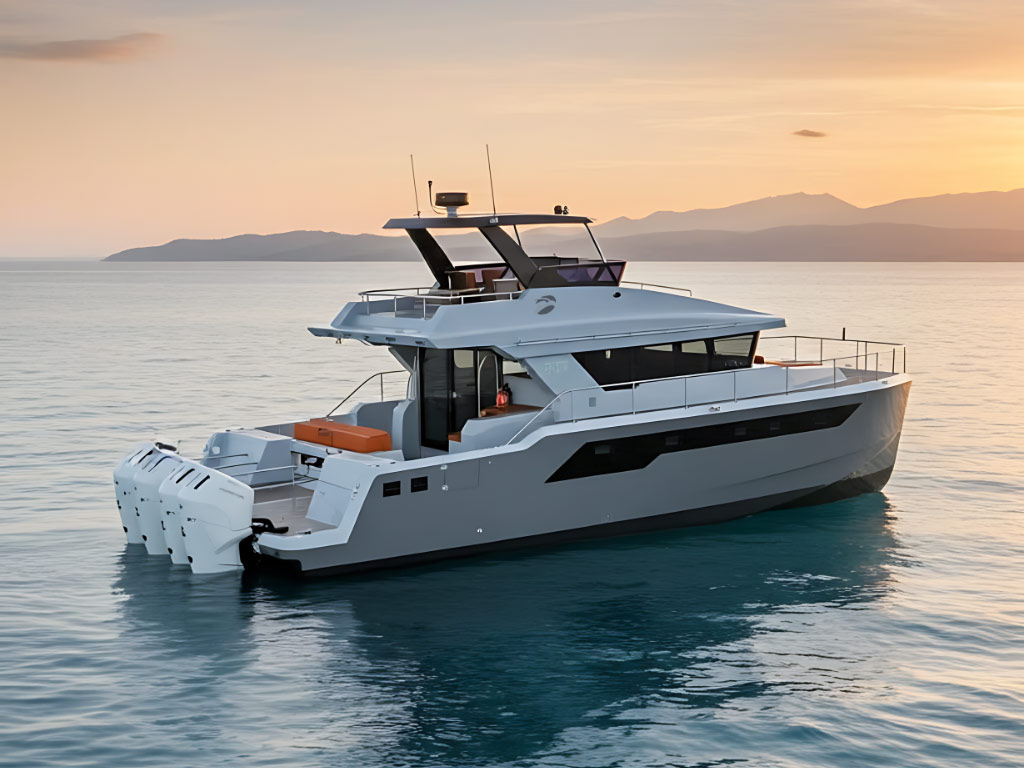 Modern white motor yacht with orange cushions floating on calm sea at sunset with mountains in the background.