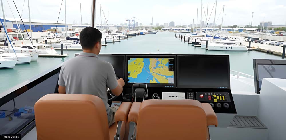 Man steering a yacht at the helm with navigation screens showing maritime charts and a marina filled with docked sailboats in view.