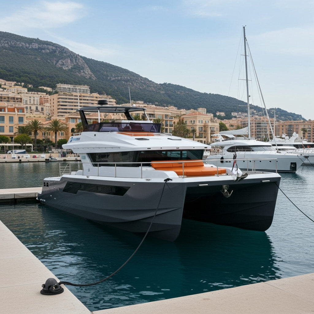 Modern catamaran moored at a marina with buildings and mountains in the background.