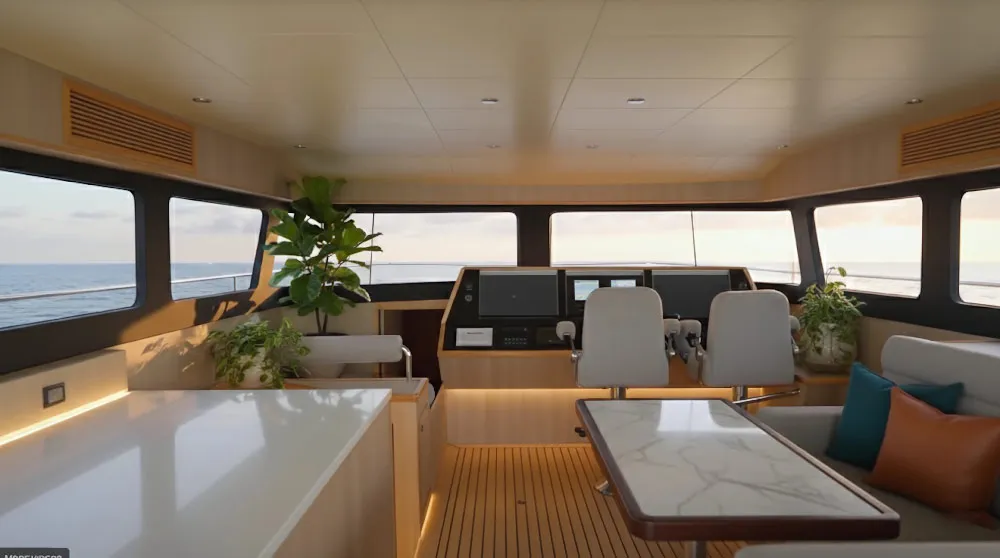 Interior of a boat cabin featuring a steering console with two chairs, a marble-top table, cushioned bench seating with pillows, and large windows showing a sea view.