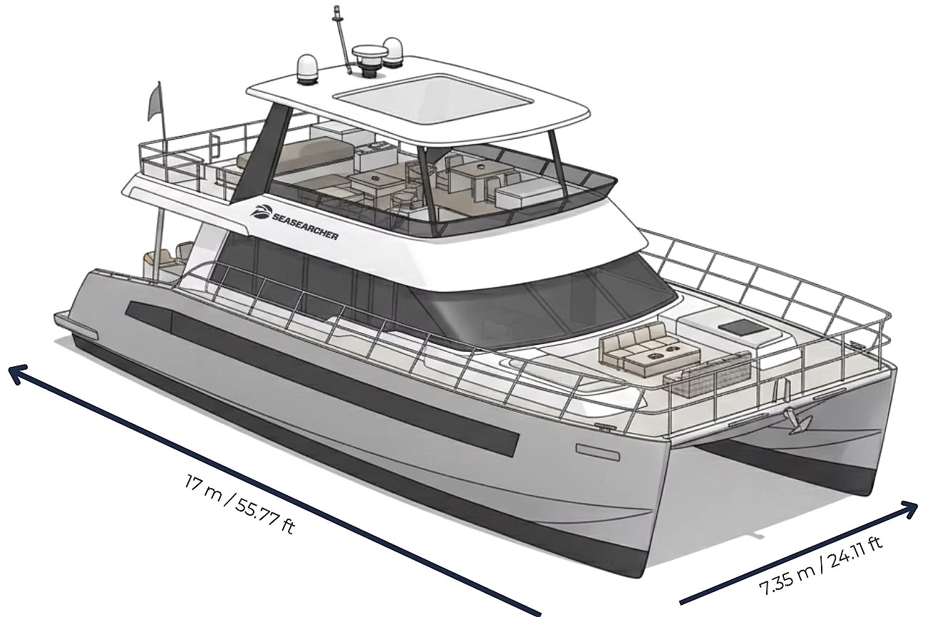Illustration of a SEASEARCHER catamaran yacht with labeled dimensions 17 m (55.77 ft) length and 7.35 m (24.11 ft) width.