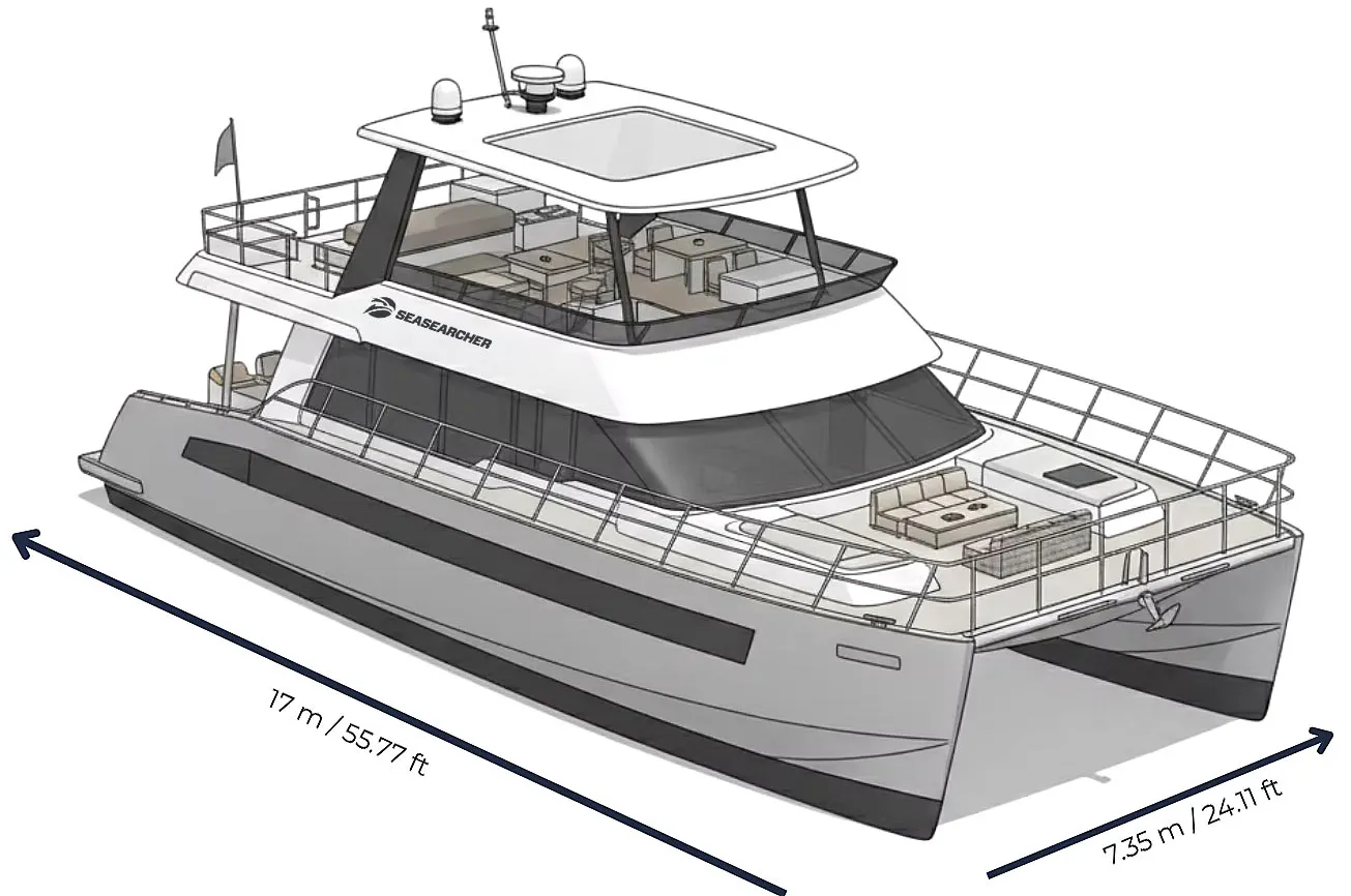 Illustration of a SEASEARCHER catamaran yacht with labeled dimensions 17 m (55.77 ft) length and 7.35 m (24.11 ft) width.
