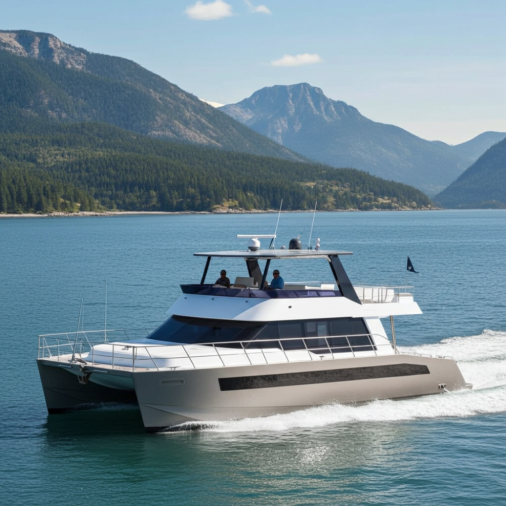 White and gray catamaran yacht cruising on a calm lake with forested mountains in the background.