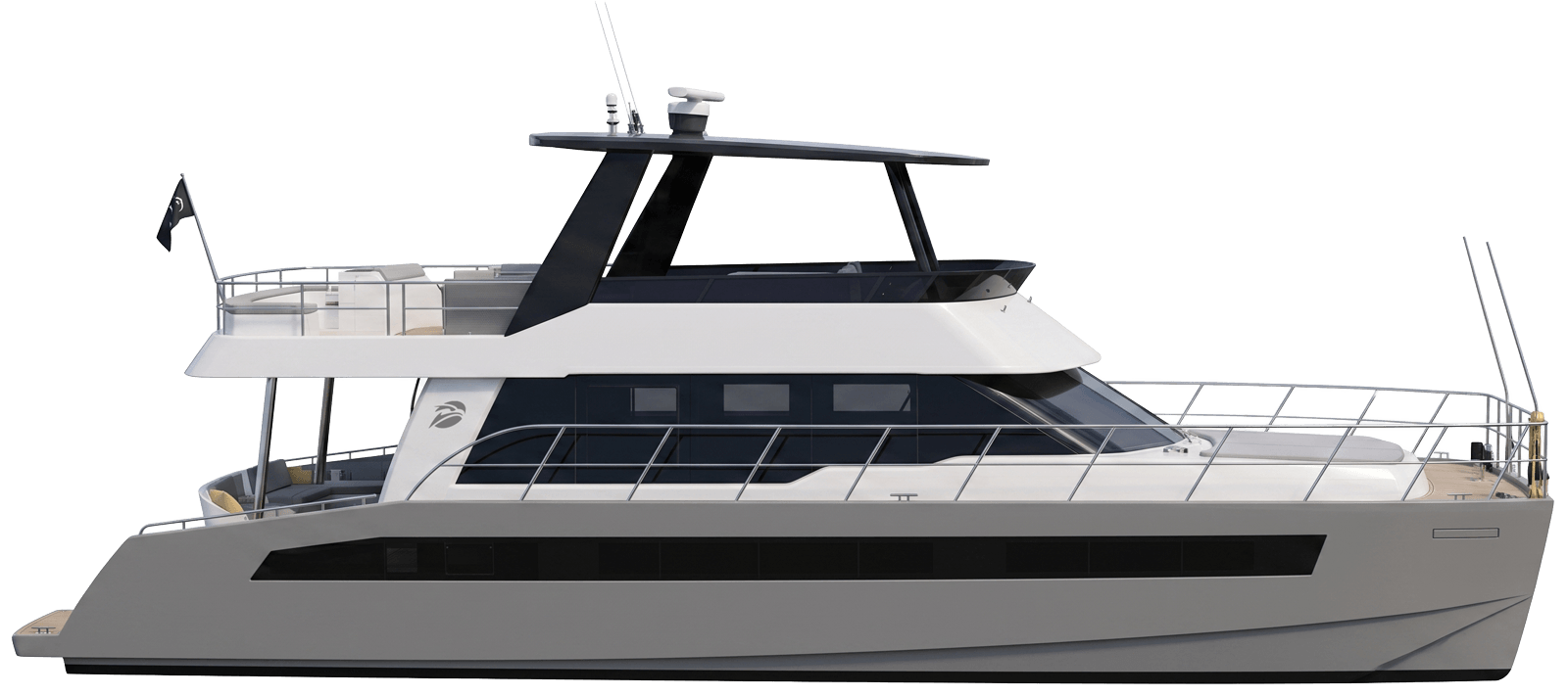 Modern luxury motor yacht with two decks, large windows, and outdoor seating areas.
