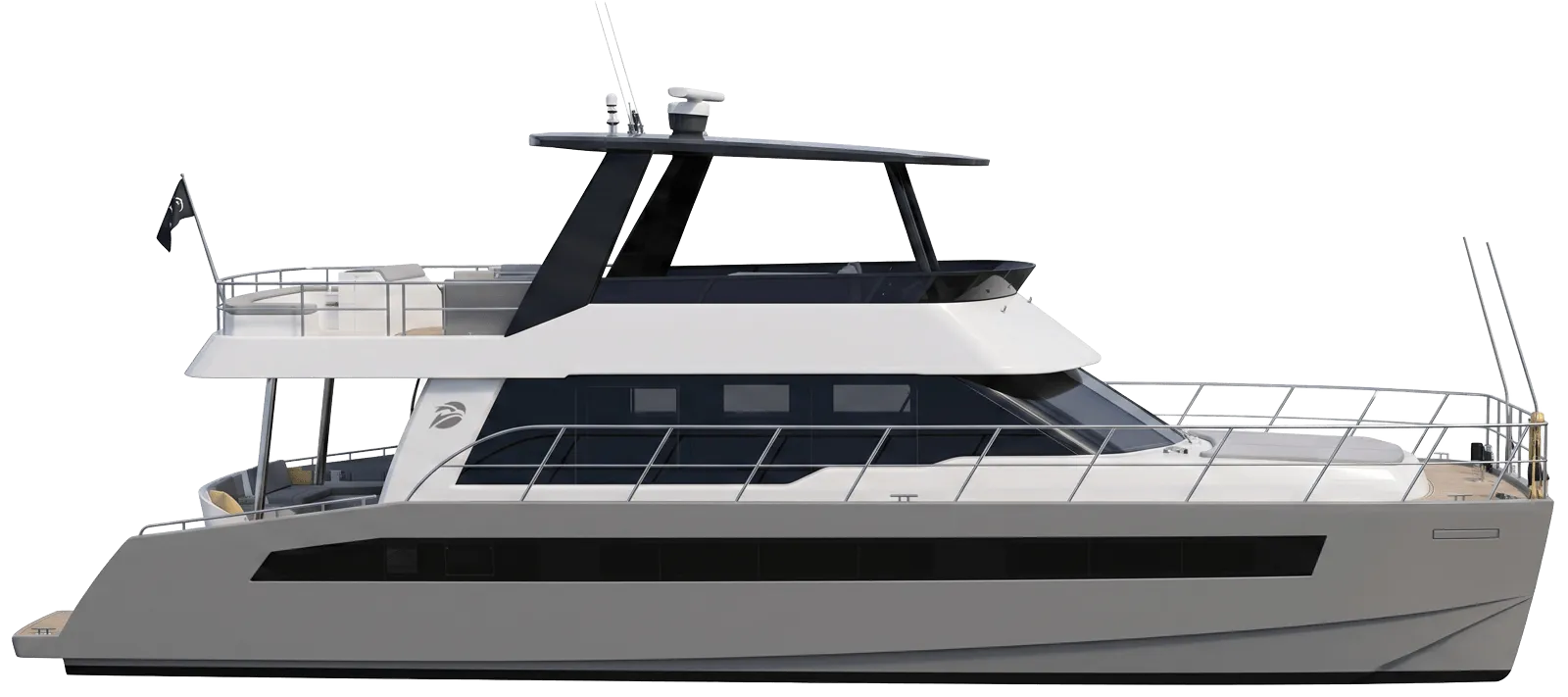 Modern luxury motor yacht with two decks, large windows, and outdoor seating areas.