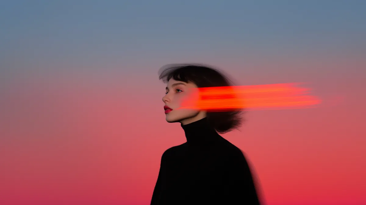 Profile of a woman with dark hair and red lips, a dynamic red streak blurs across her head.