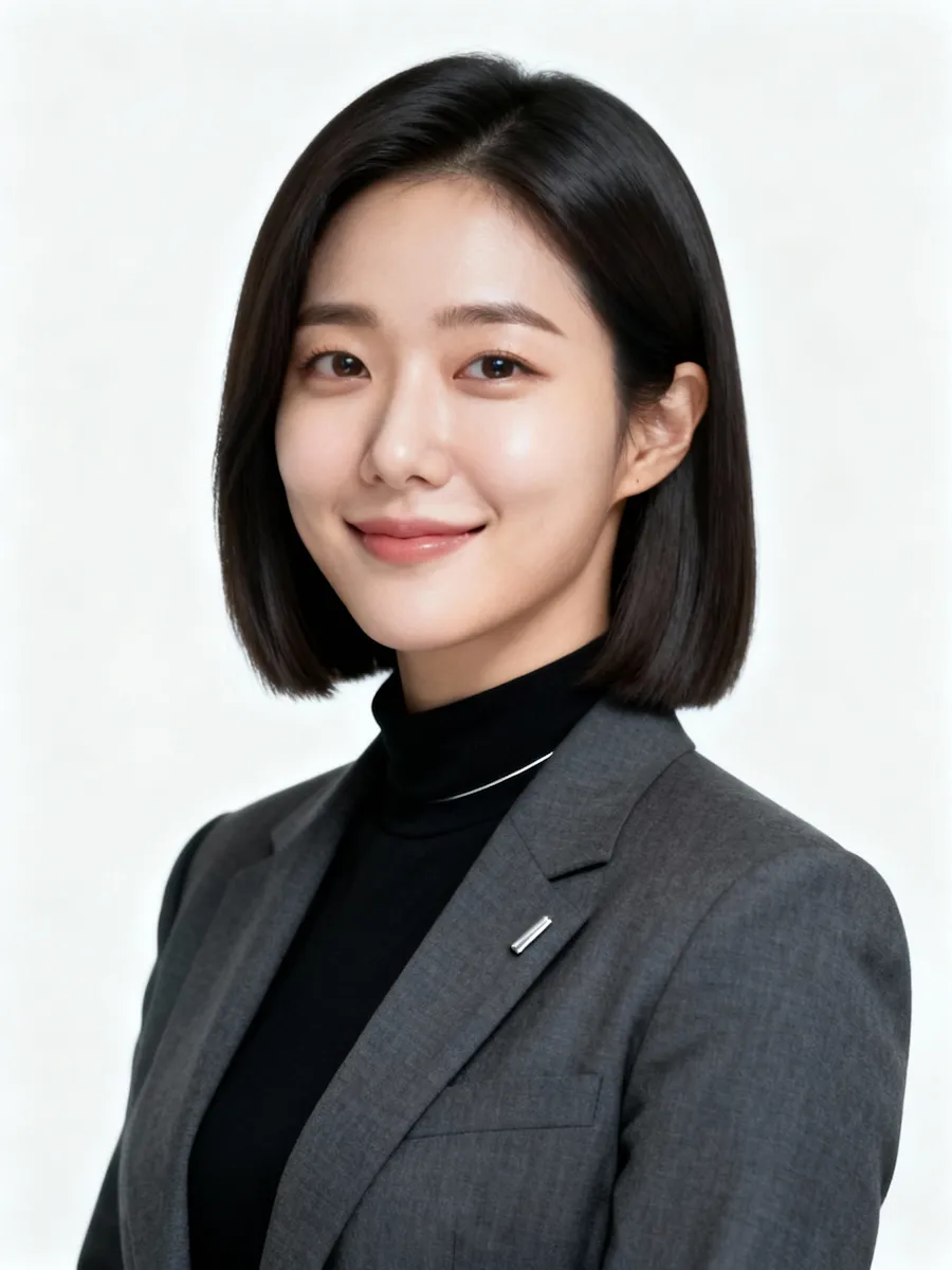 Smiling young woman with straight black shoulder-length hair wearing a gray blazer over a black turtleneck.