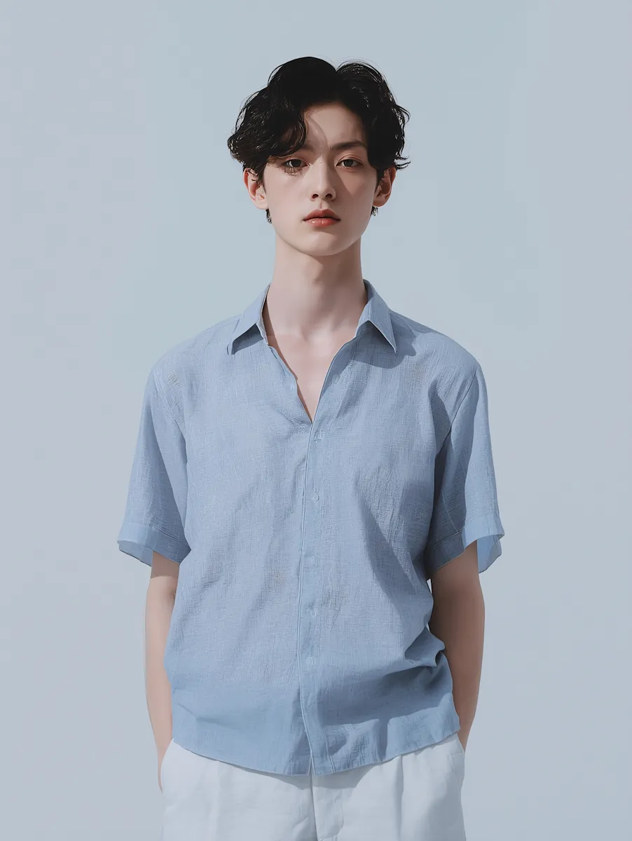 Young man with black wavy hair wearing a light blue short-sleeve shirt and white pants.