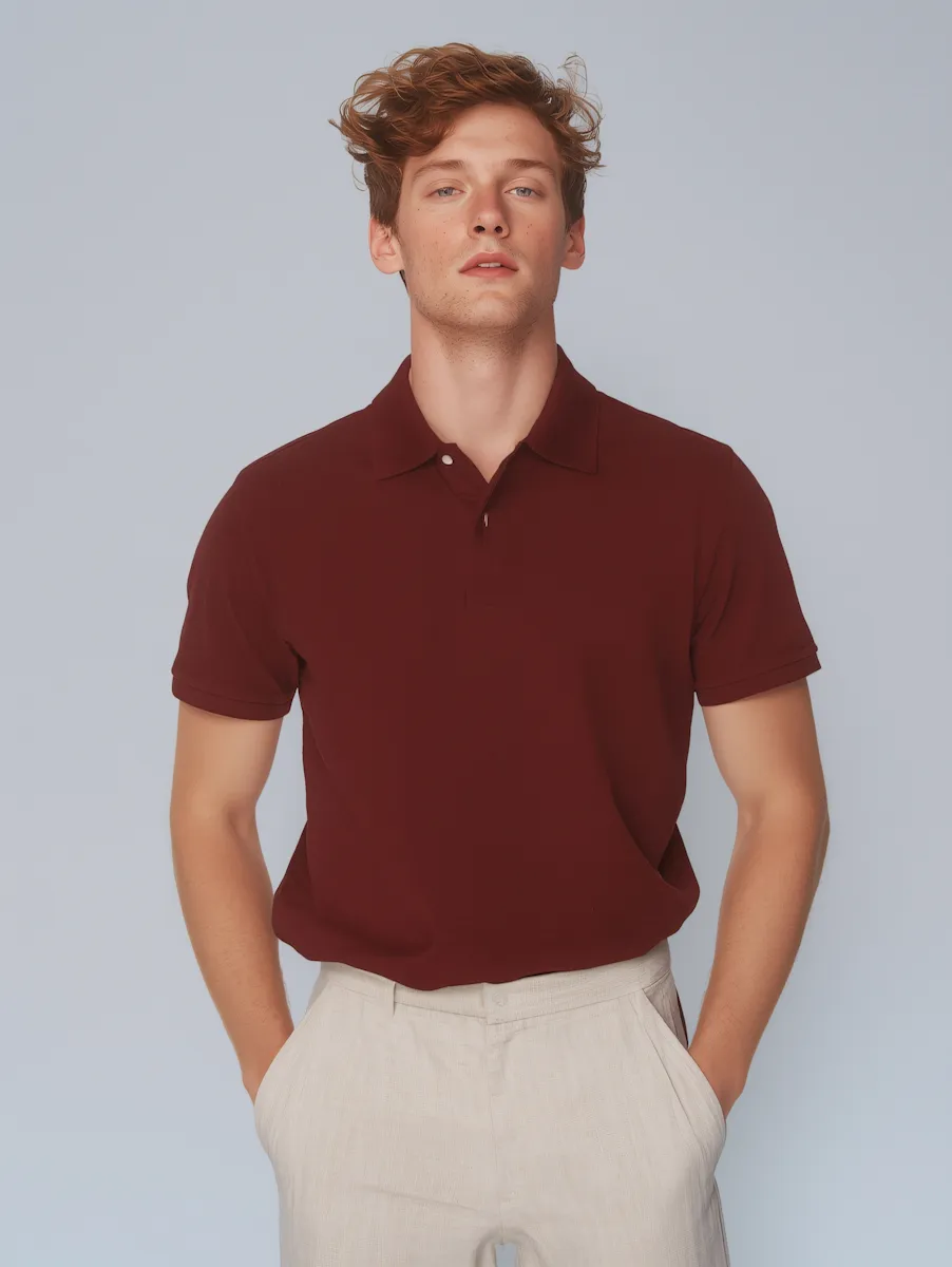 Man with curly hair wearing a burgundy polo shirt and beige pants against a light gray background.
