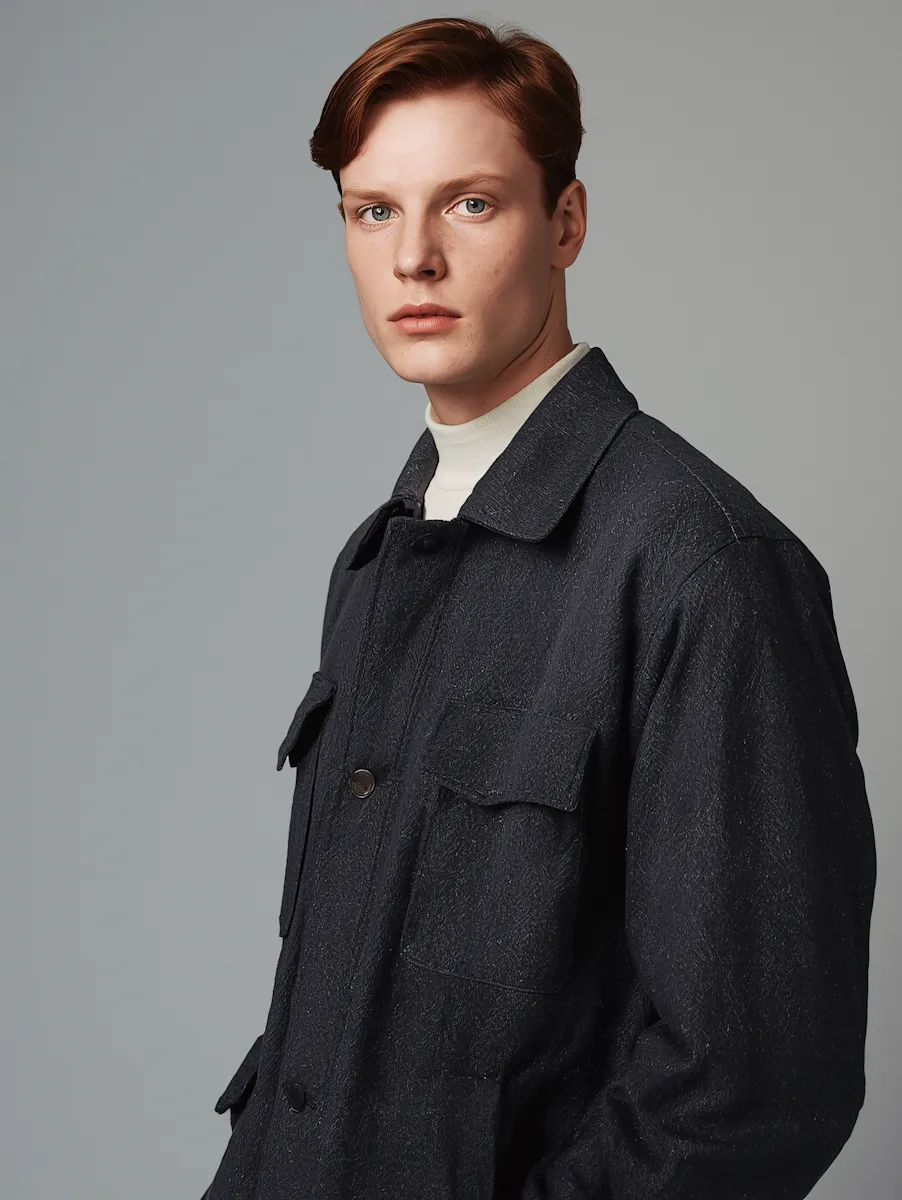 Young man with red hair wearing a dark jacket and white turtleneck against gray background.