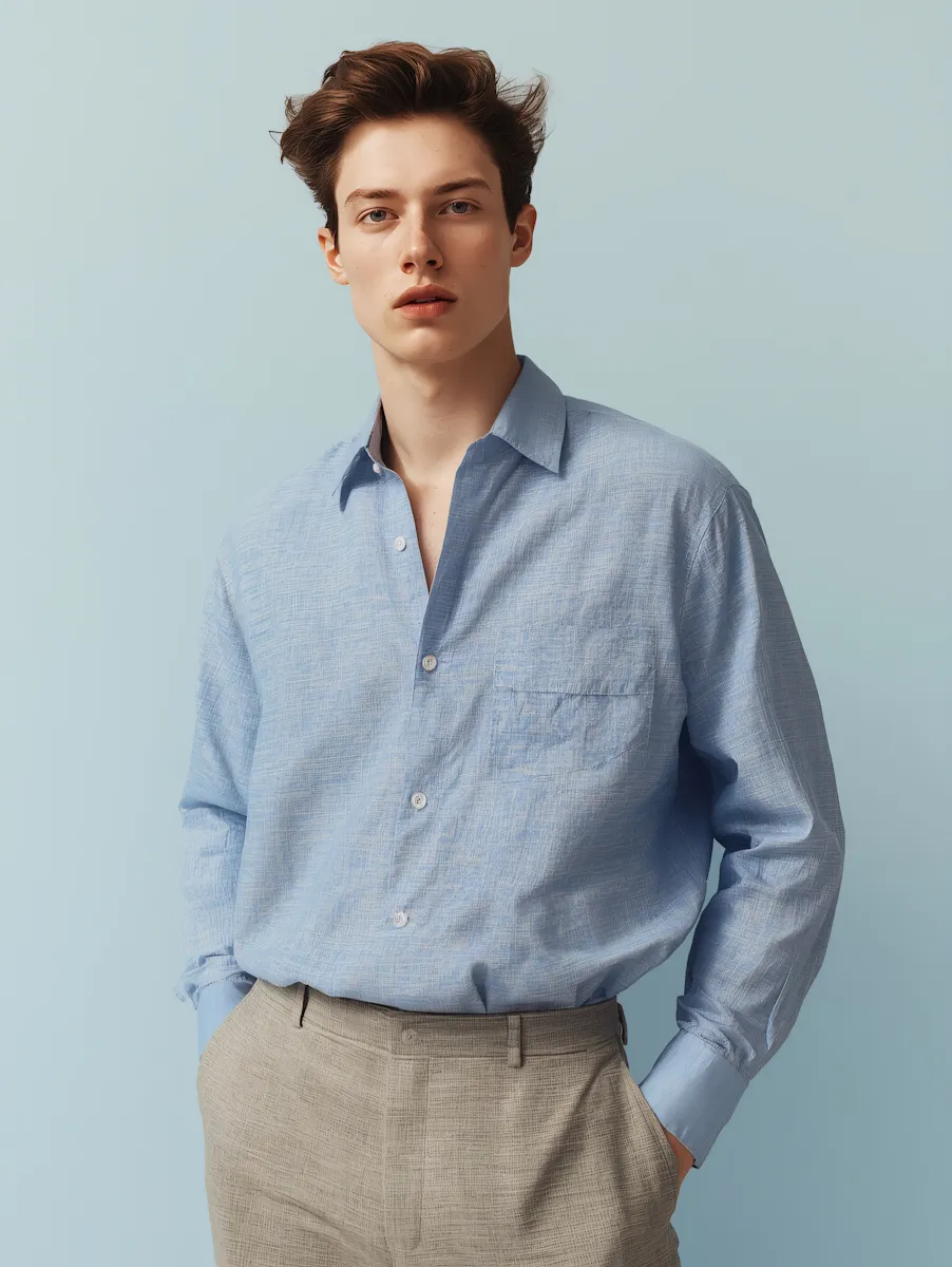 Young man with styled brown hair wearing a light blue button-up shirt and beige pants against a blue background.