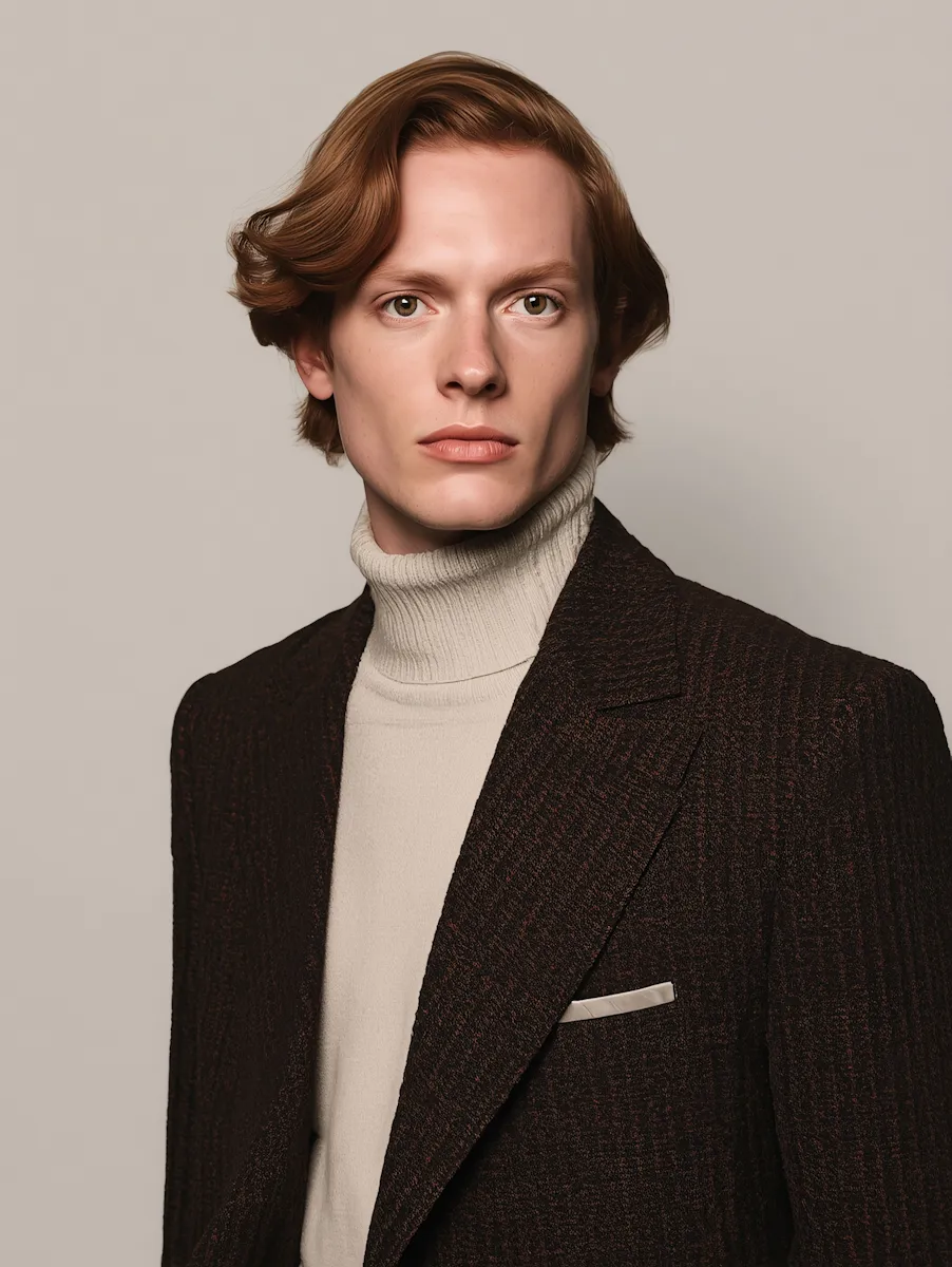Young man with light brown hair wearing a cream turtleneck and dark textured blazer against a beige background.