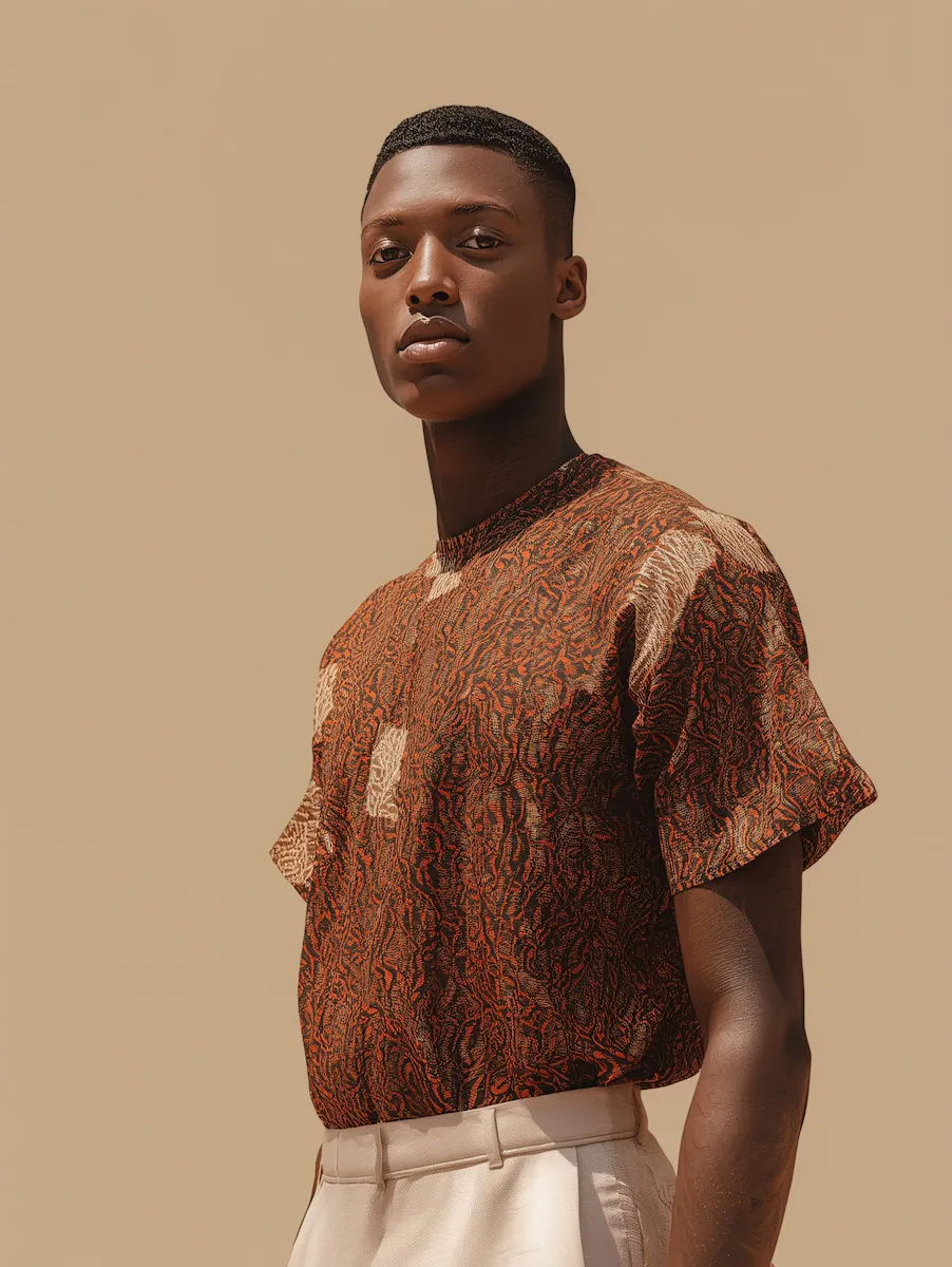 Confident young man in patterned shirt and light trousers against beige background.
