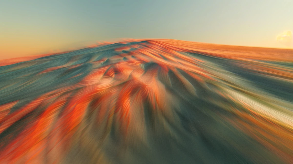 Sunset light casting orange and red hues on smooth sand dunes with a blurred effect.