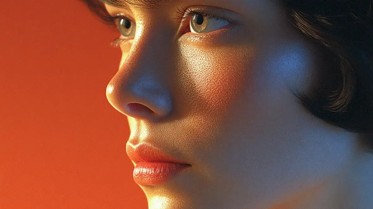 Close-up side profile of a young person with textured skin against an orange background.