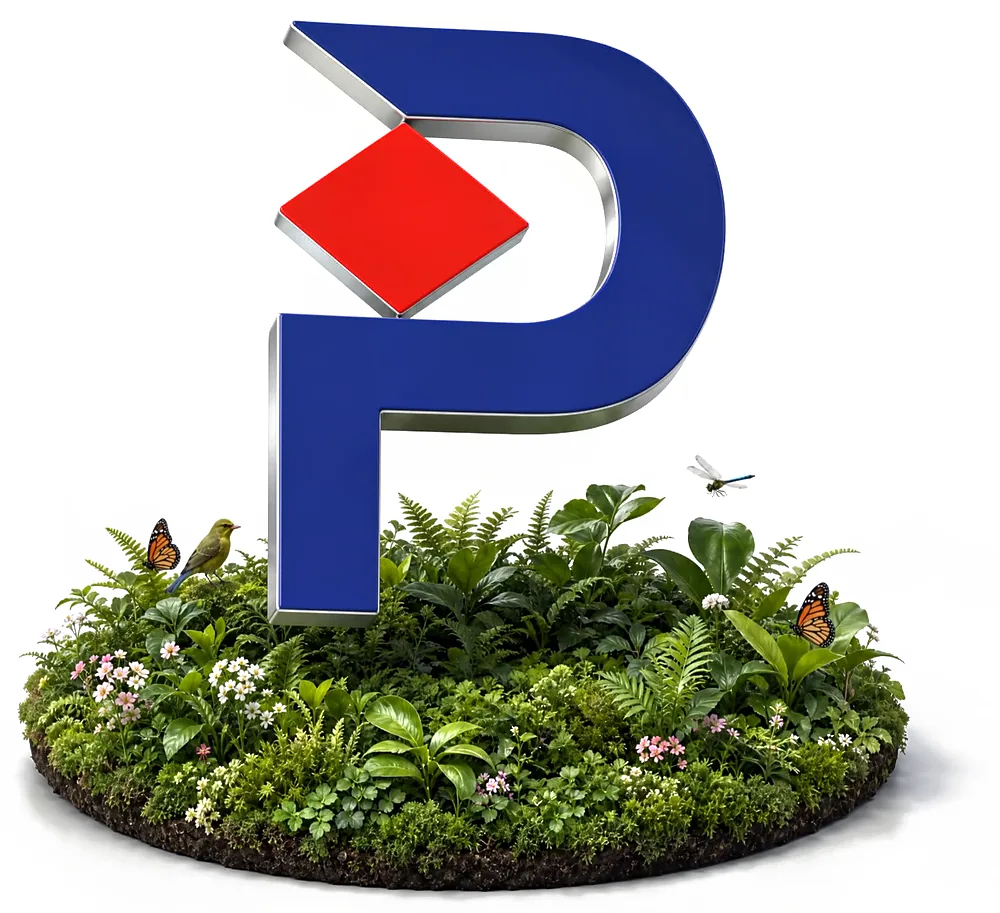 The Protasco P logomark rendered in three dimensions, standing in a circular garden of ferns, flowering shrubs and mosses, with butterflies and a bird among the planting