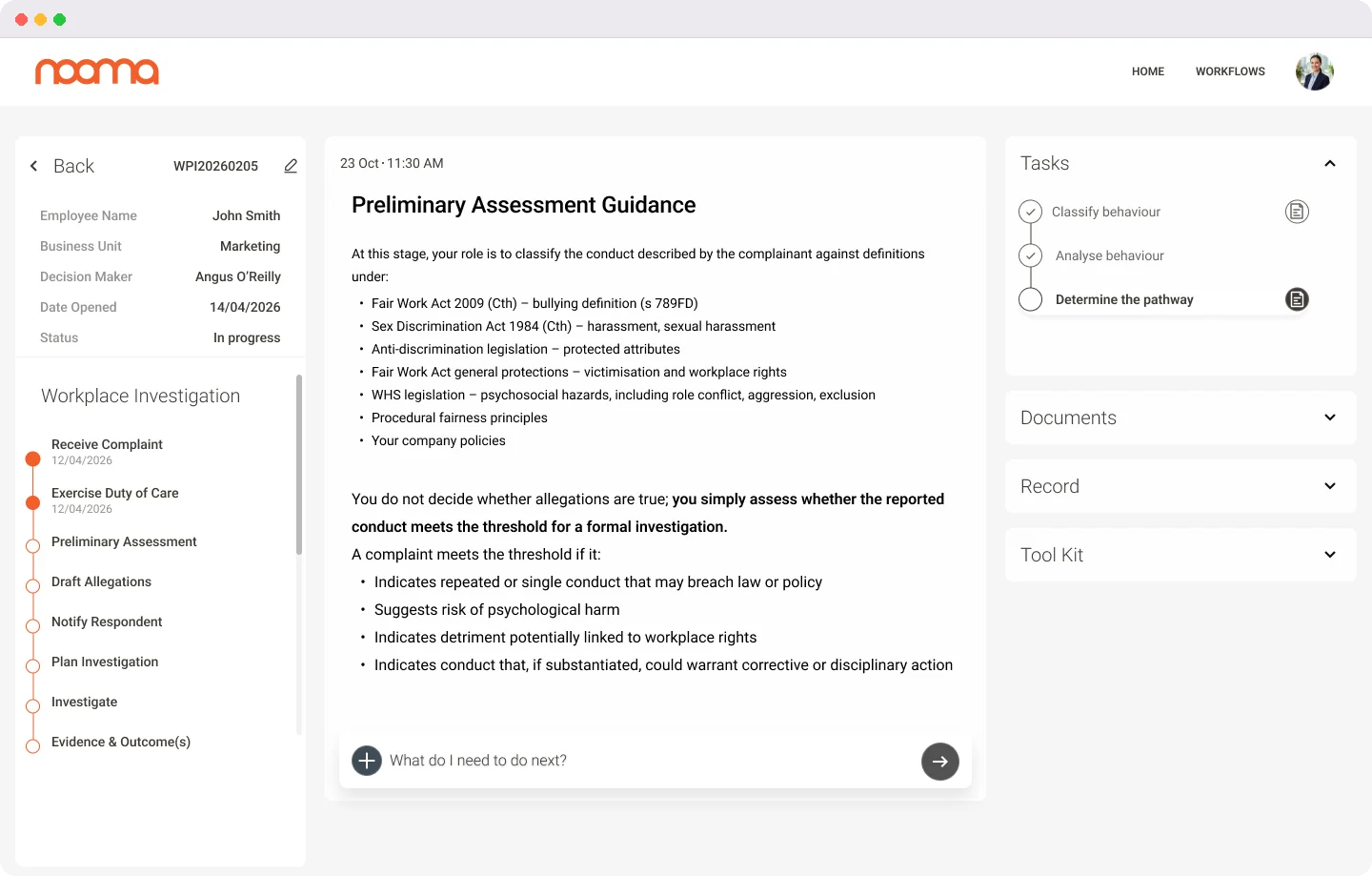 Nooma, guided workplace investigation workflow