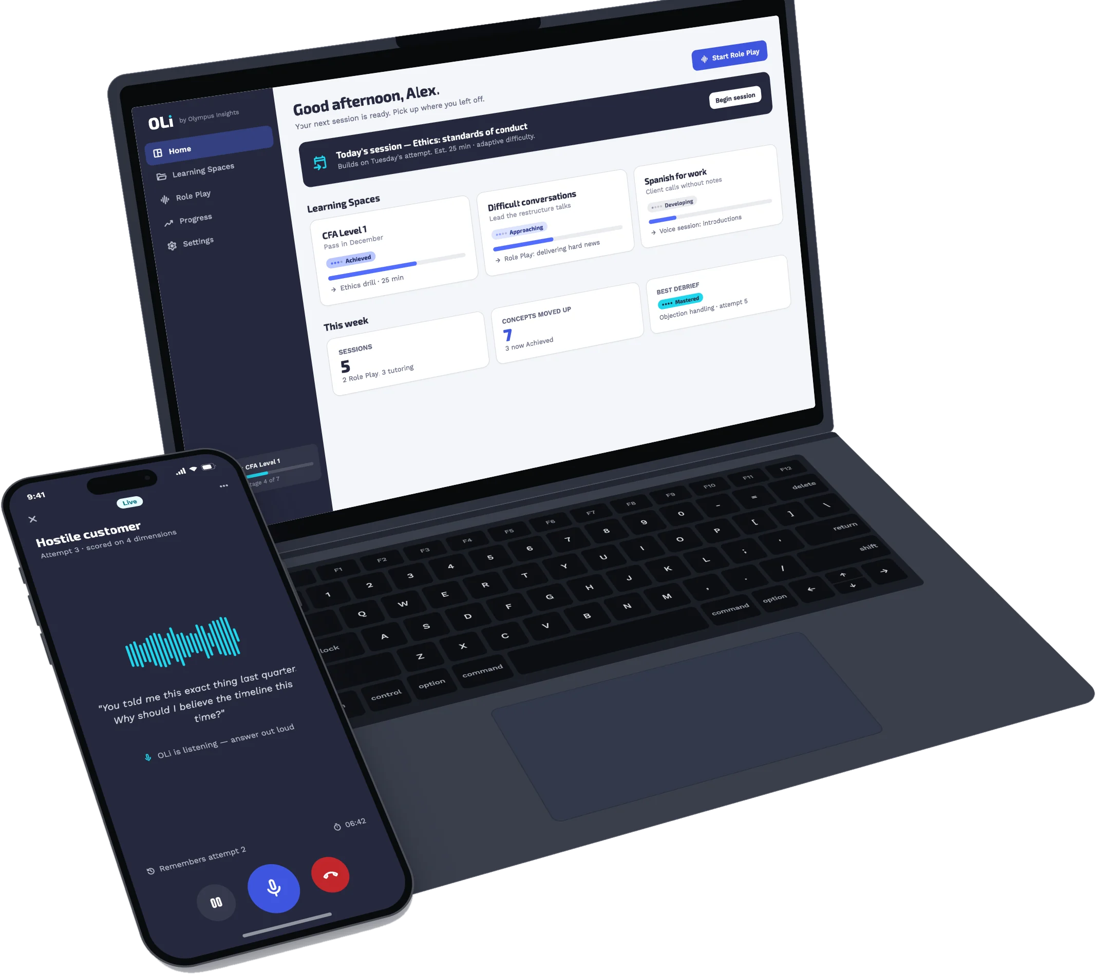 OLi Tutor, learner home on desktop and a live role play session on mobile