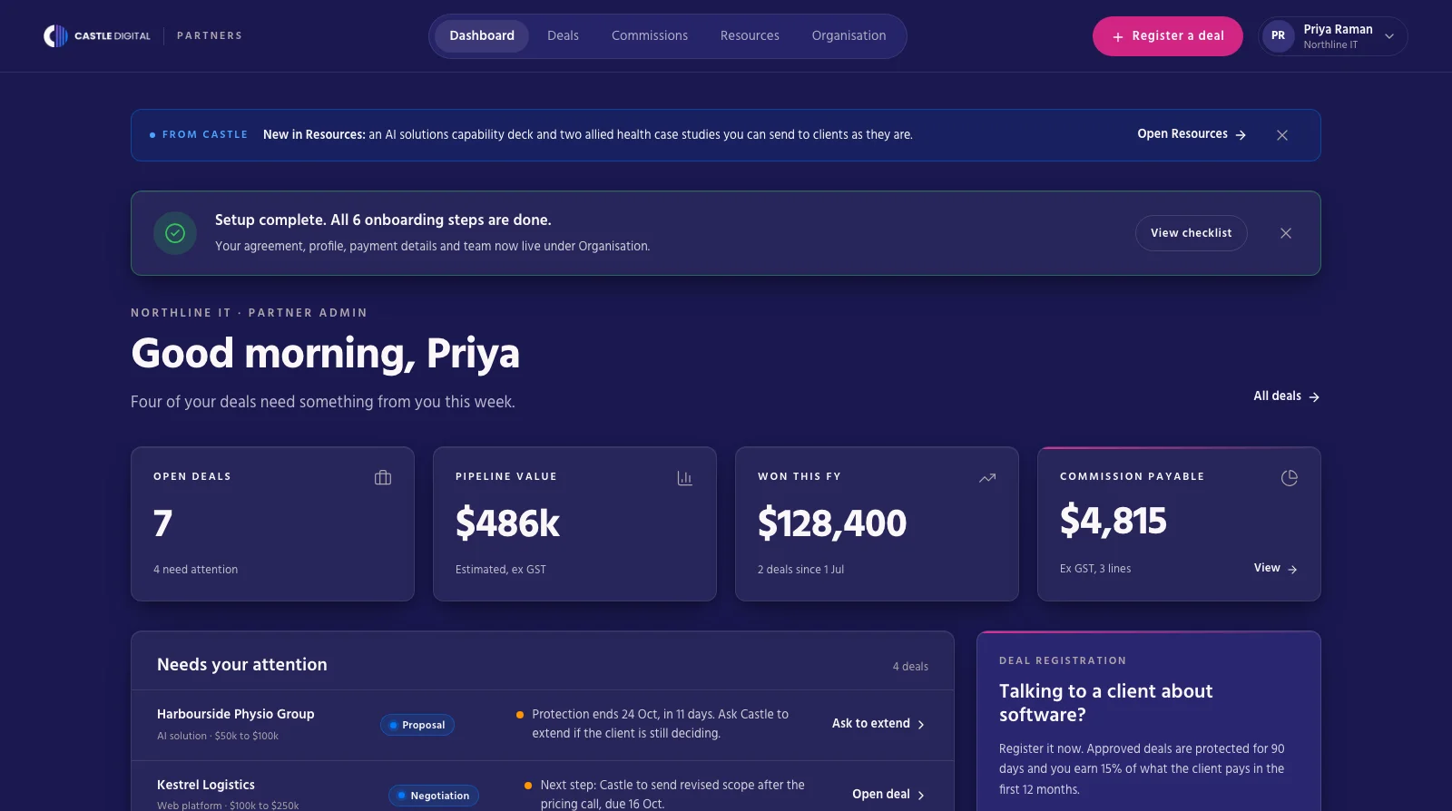 The Castle partner portal dashboard, showing open deals, pipeline value, deals won and commission payable