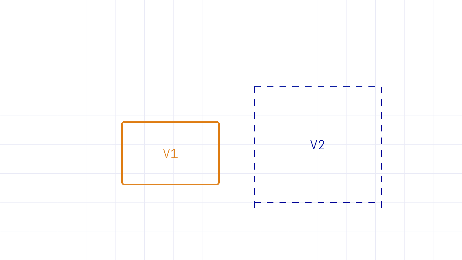A solid amber V1 beside a dashed outline of V2