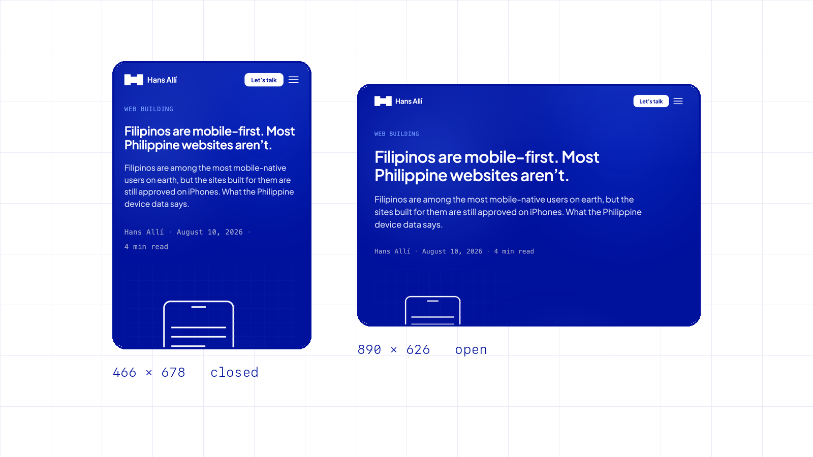The same article on hansalli.com rendered at the iPhone Duo’s two viewports: 466 by 678 closed, showing the phone layout, and 890 by 626 open, showing the tablet layout with a larger title.