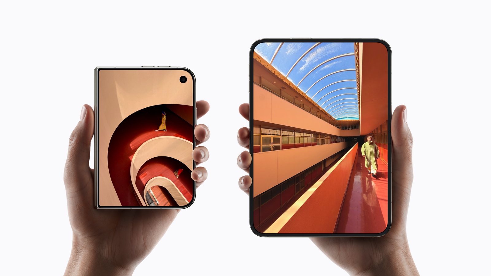 Two hands hold up two iPhone Duo devices, one closed and one open, showing the 5.4-inch outer and 7.6-inch inner displays.