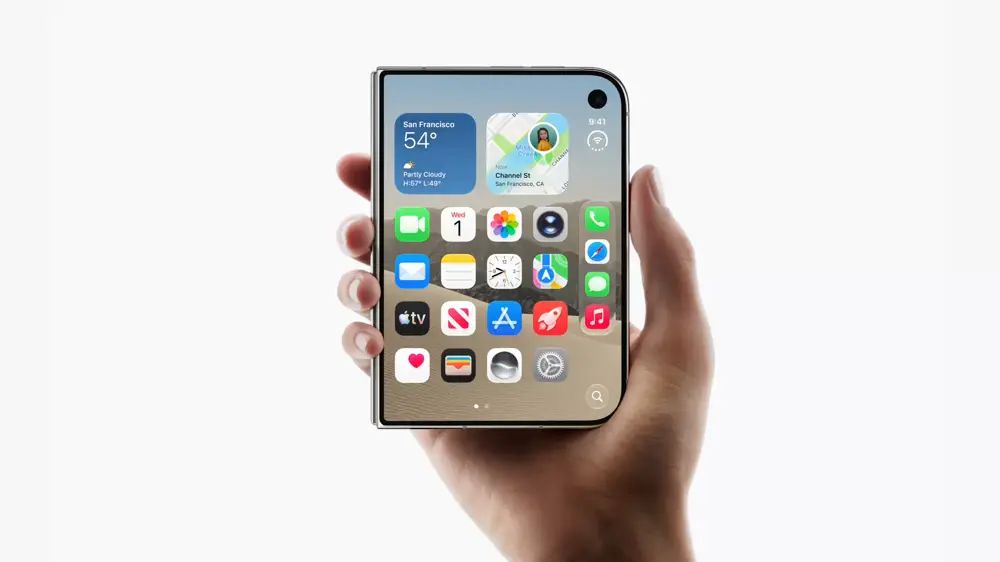 Looping clip of an iPhone Duo opening from closed to flat, the inner display keeping the same proportions as the outer one.