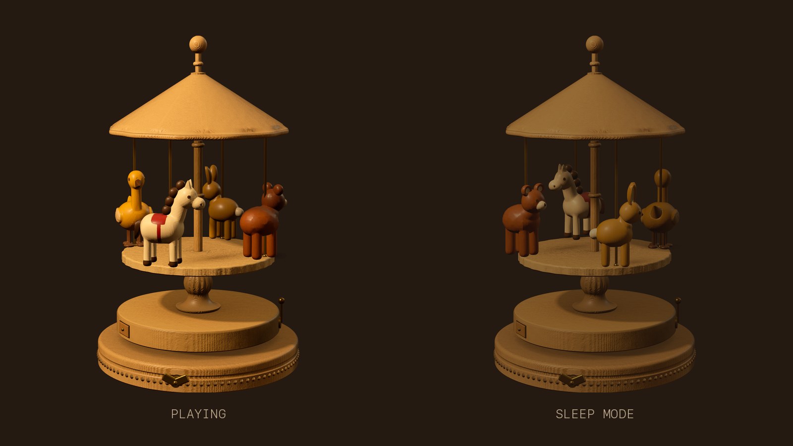 The same carousel music box shown twice side by side, at full brightness labelled Playing and dimmed labelled Sleep mode.