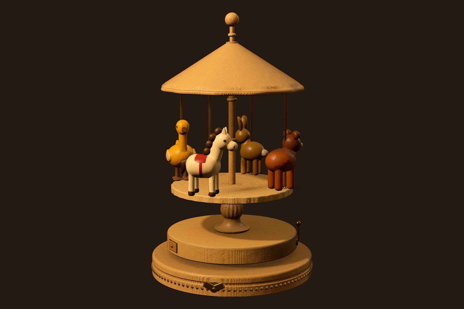 A wooden carousel music box standing in a dark warm room, with a duck, a horse, a rabbit and a bear on brass poles under a pointed roof.
