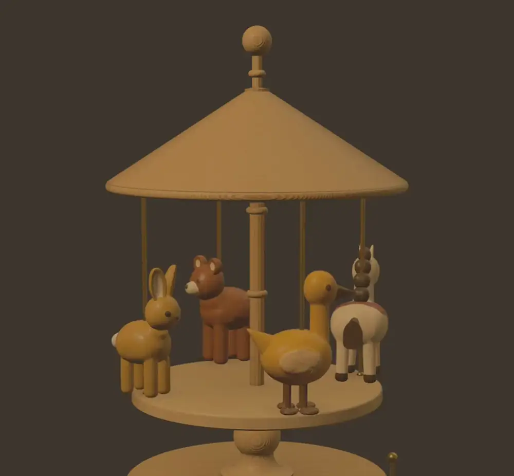 Looping clip of the carved wooden riders turning on the carousel beneath a fixed roof.