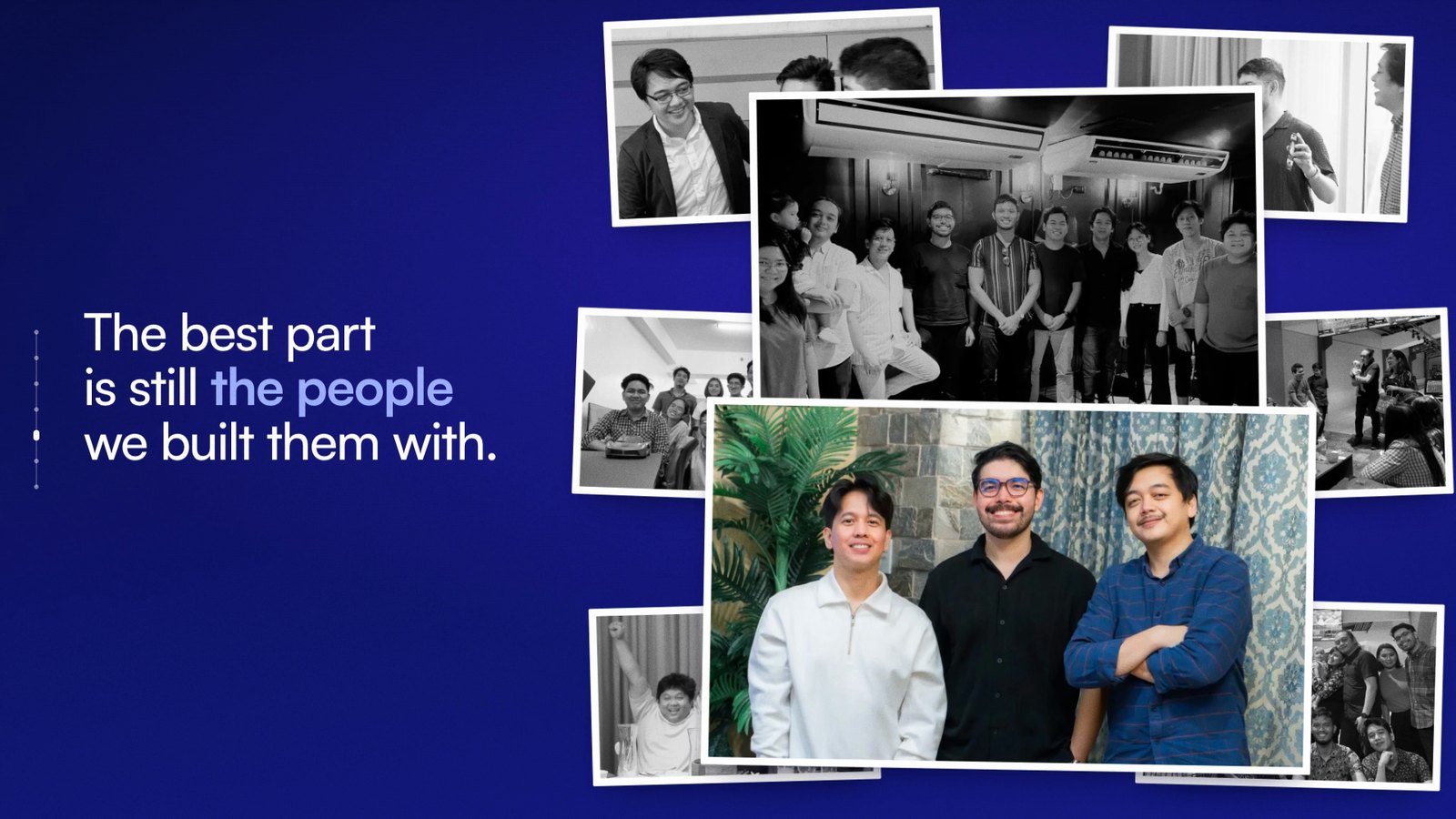 A frame from the Dthree Digital anniversary film: a pile of team photos from over the years, with a color photo of the three co-founders on top, beside the line: The best part is still the people we built them with.