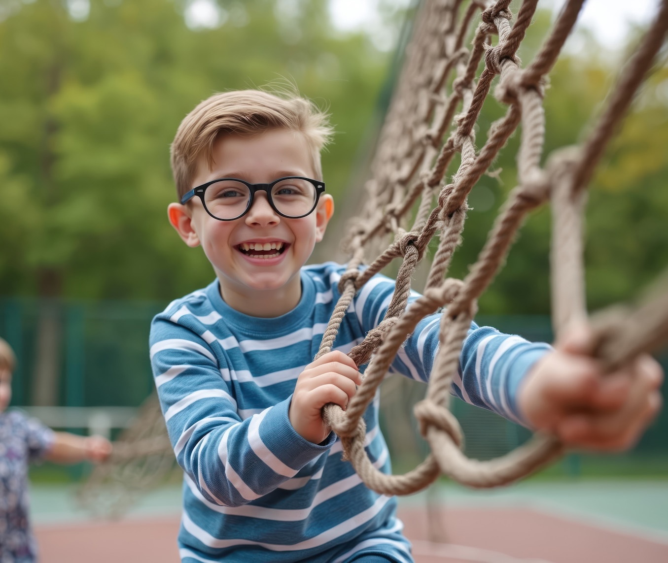 Young boy wearing glasses playing on a climbing frame