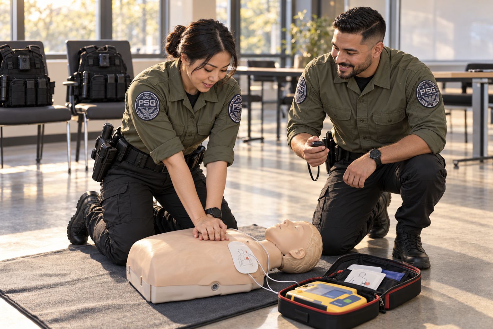 Prime officers practicing CPR on a training mannequin with an AED trainer