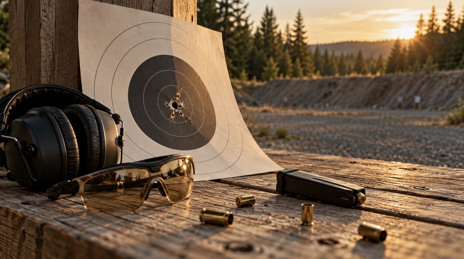 Range bench with hearing protection, shooting glasses, a qualification target and brass casings
