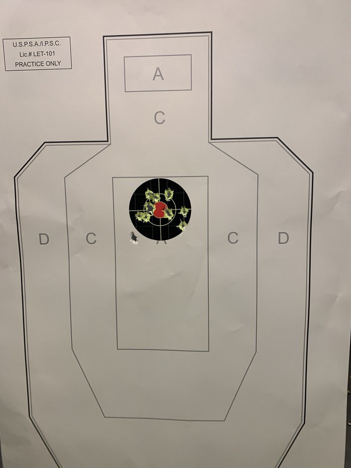 Silhouette target with hits grouped in the center A-zone