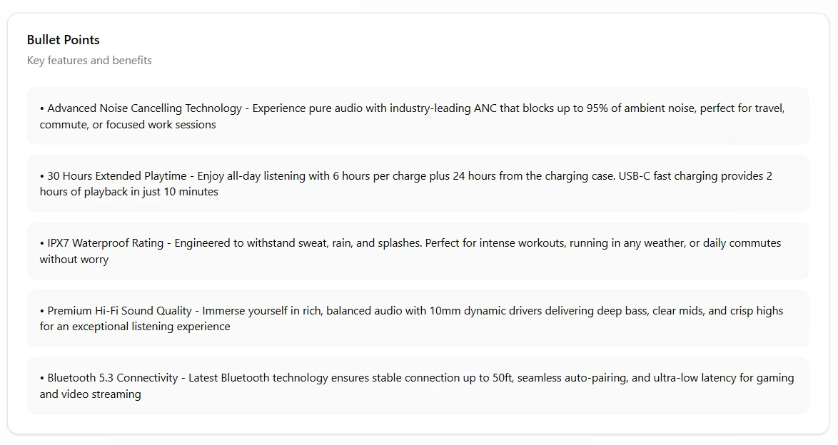 Generated Amazon bullet points listing key product features and benefits