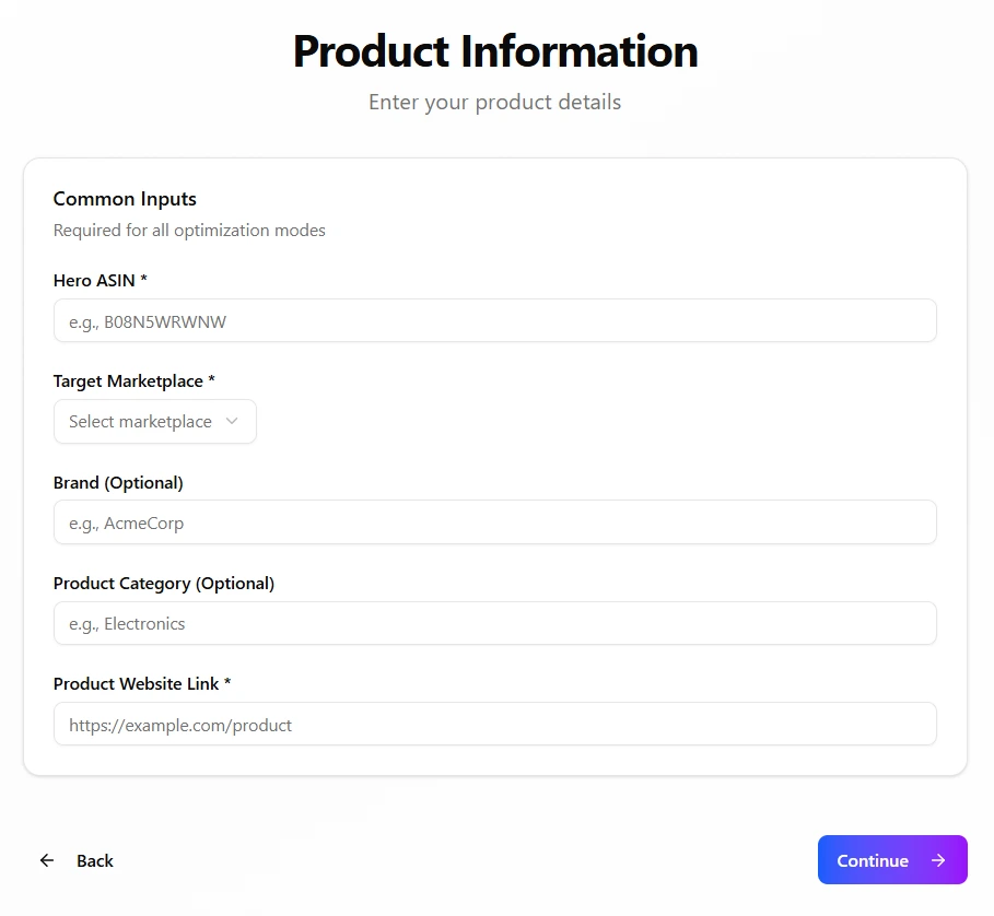 Product information form with Hero ASIN, target marketplace, brand, category and product link fields