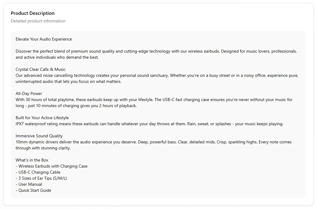 Generated long Amazon product description with feature sections
