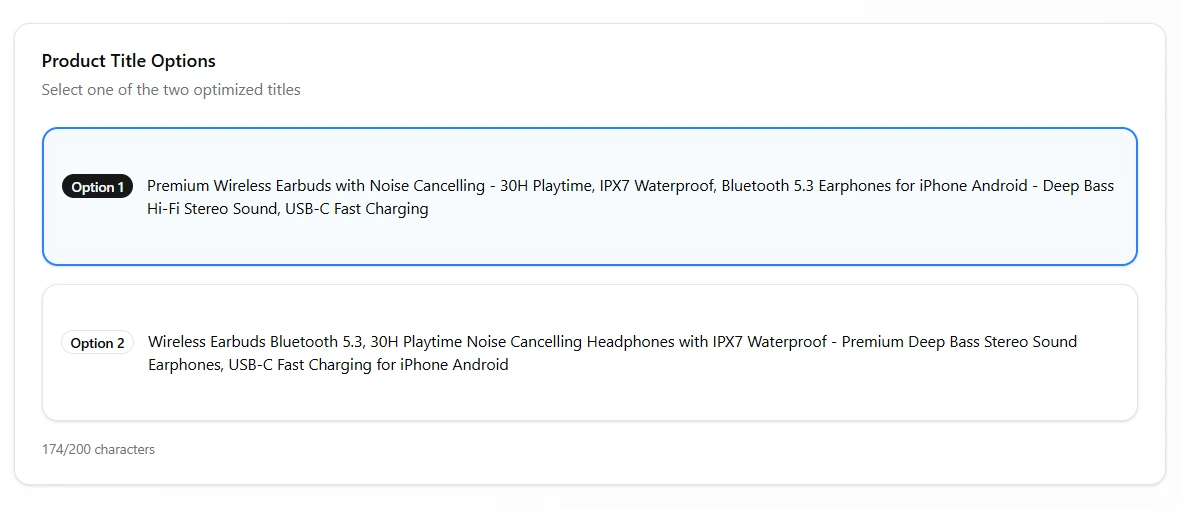 Two optimized Amazon product title options generated by the SEO tool