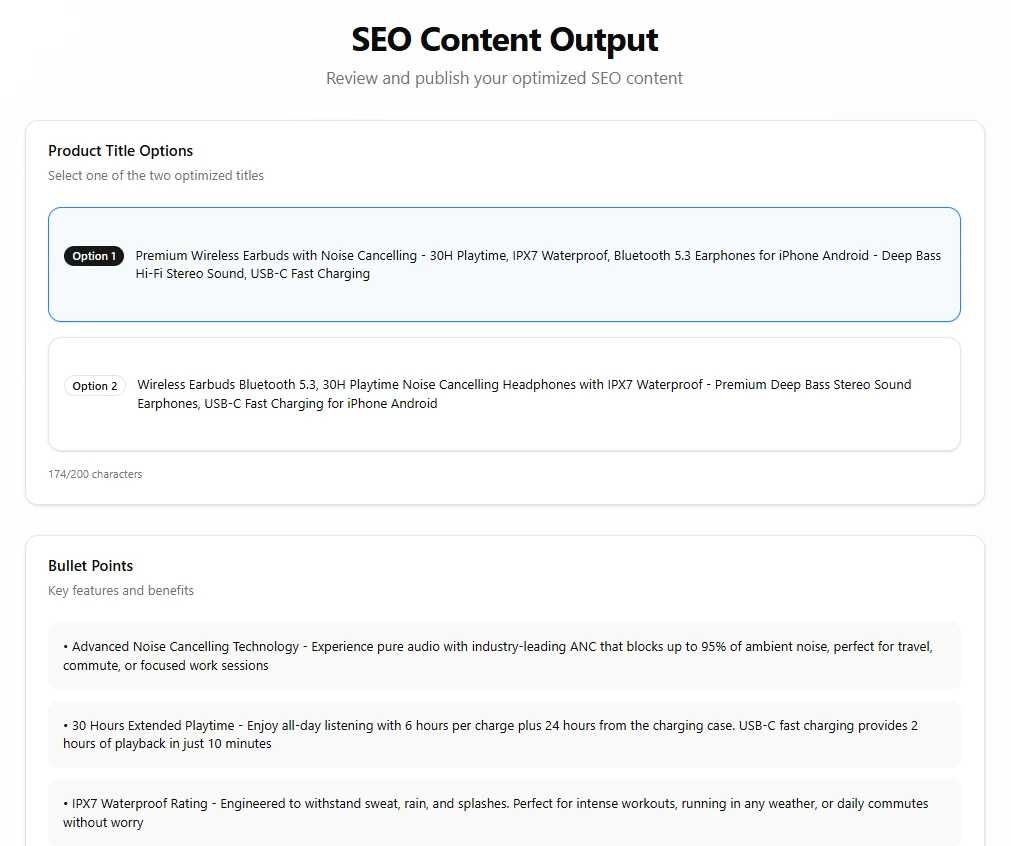 SEO content output screen with title options and bullet points ready to publish