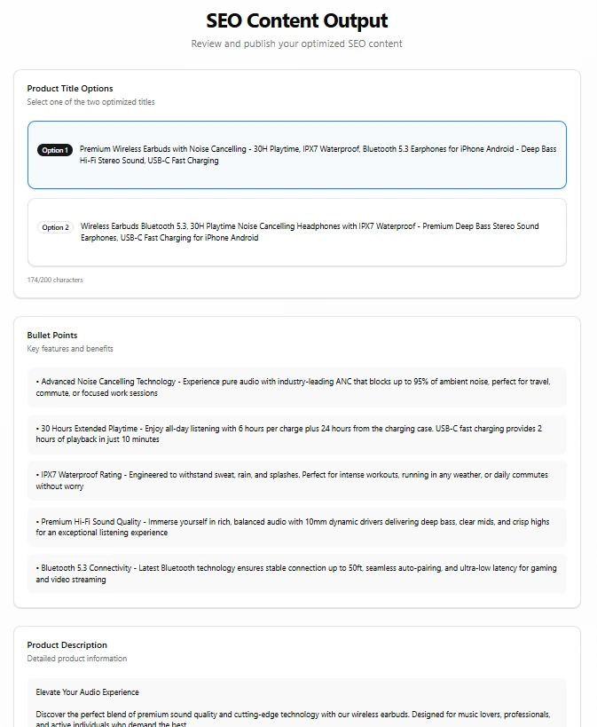 SEO content output with generated title options, bullet points and product description